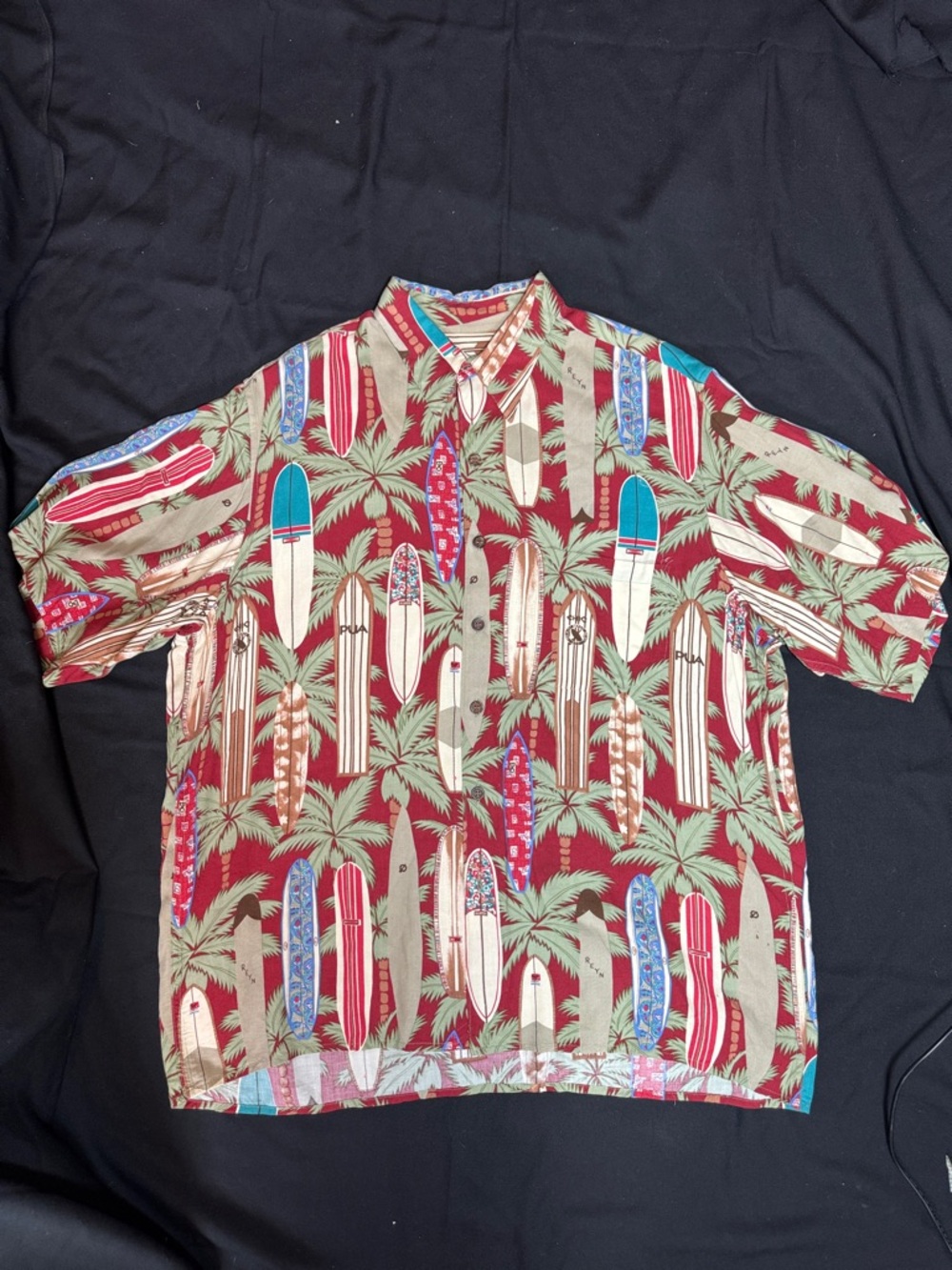 Reyn Spooner Maroon Surfboard & Palm Print Short-Sleeve Hawaiian Shirt Mens Med.
